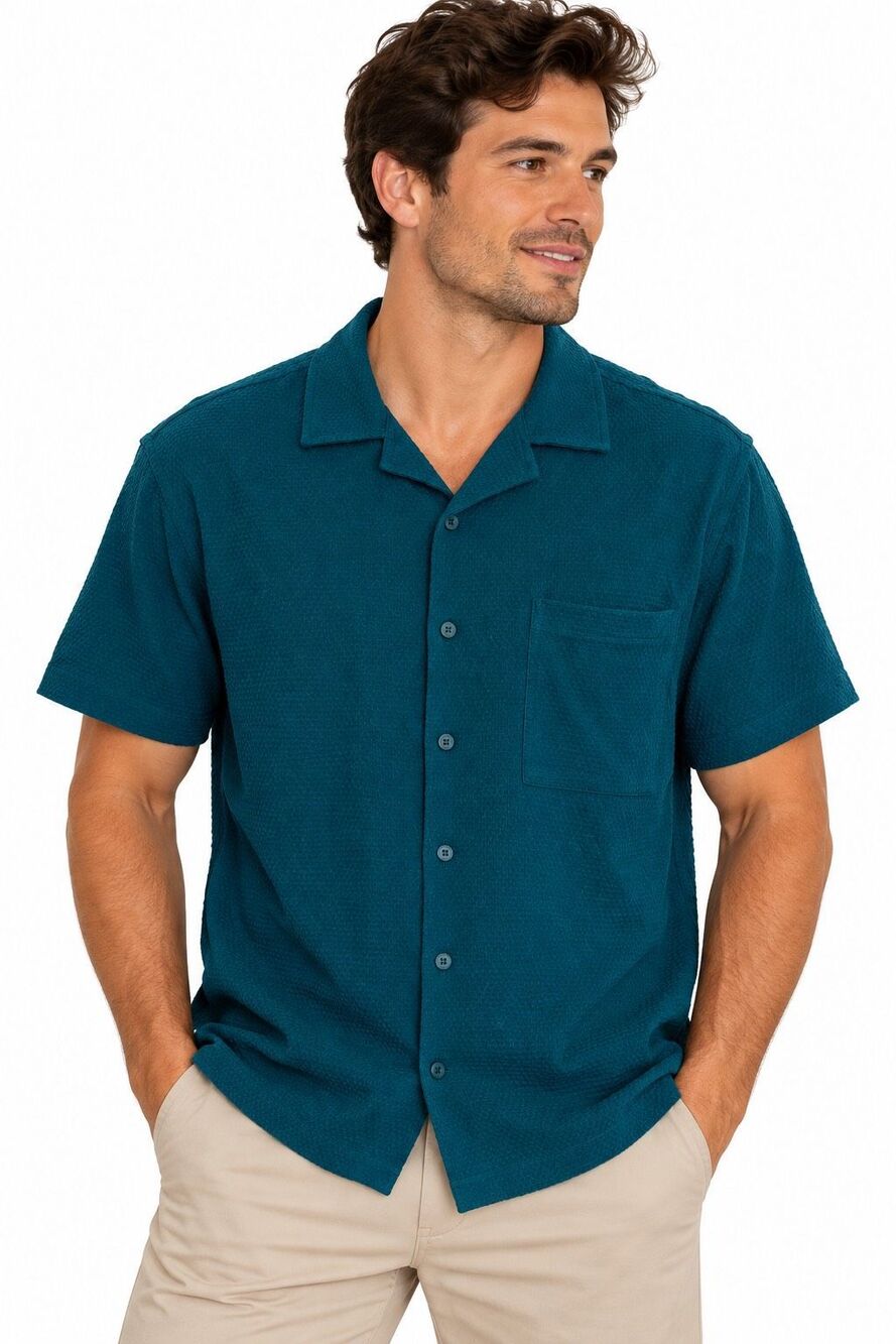 NWT Original Use Men’s Teal Textured Short Sleeve Camp Collar Button-Up Shirt XL